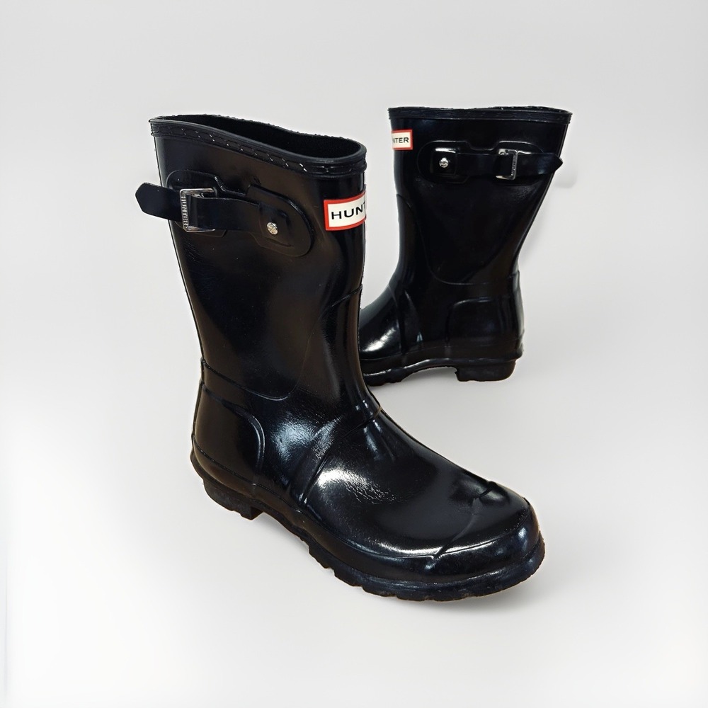 Hunter Original Short Gloss Rain Boots Black Wellies Womens 7 WFS1000RGL
